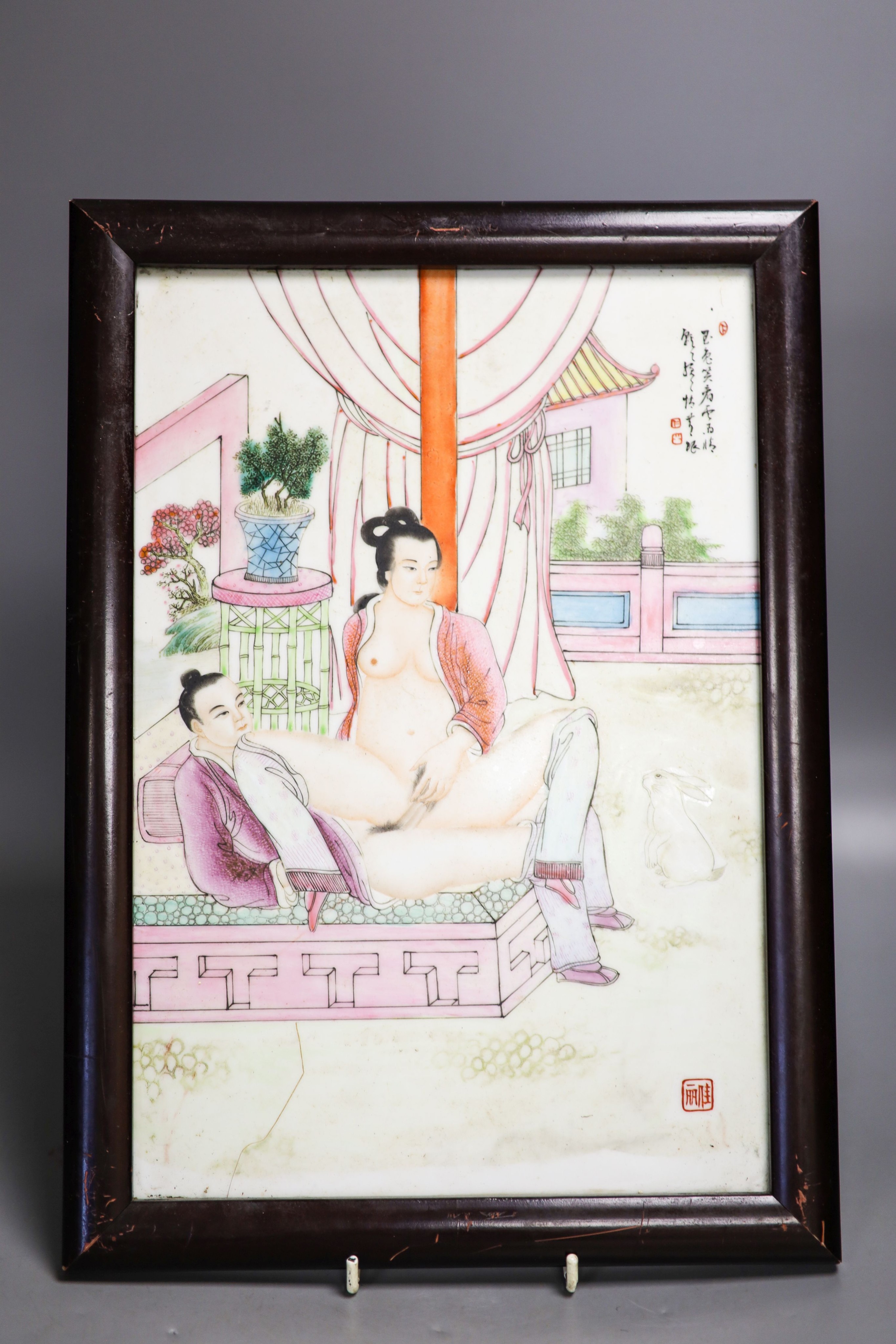 A part set of eleven framed Chinese porcelain plaques, zodiac erotic subjects 36x24cm